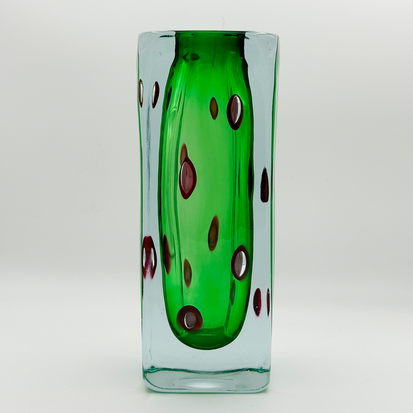Murano Glass Vase with Green Body and Black Pattern
