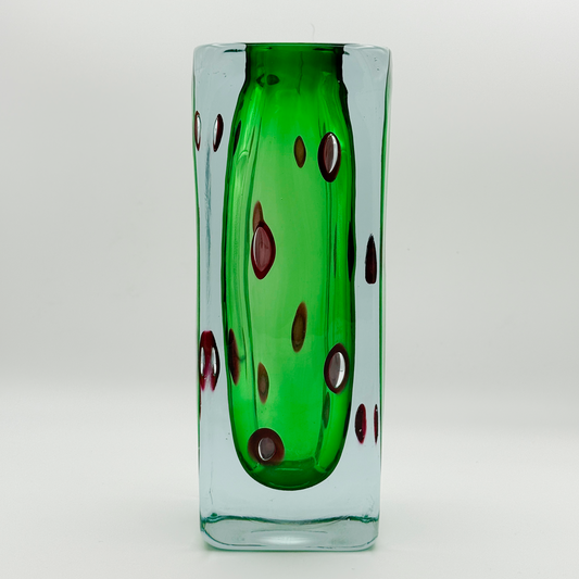Murano Glass Vase with Green Body and Black Pattern