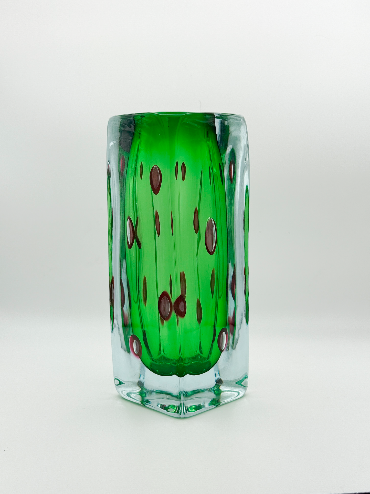 Murano Glass Vase with Green Body and Black Pattern
