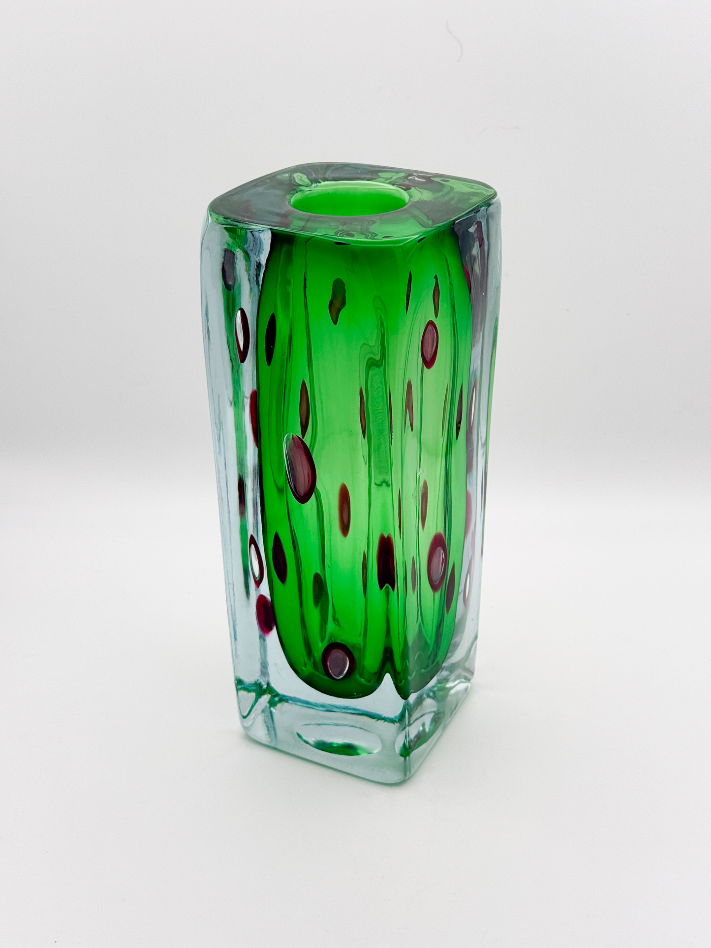 Murano Glass Vase with Green Body and Black Pattern