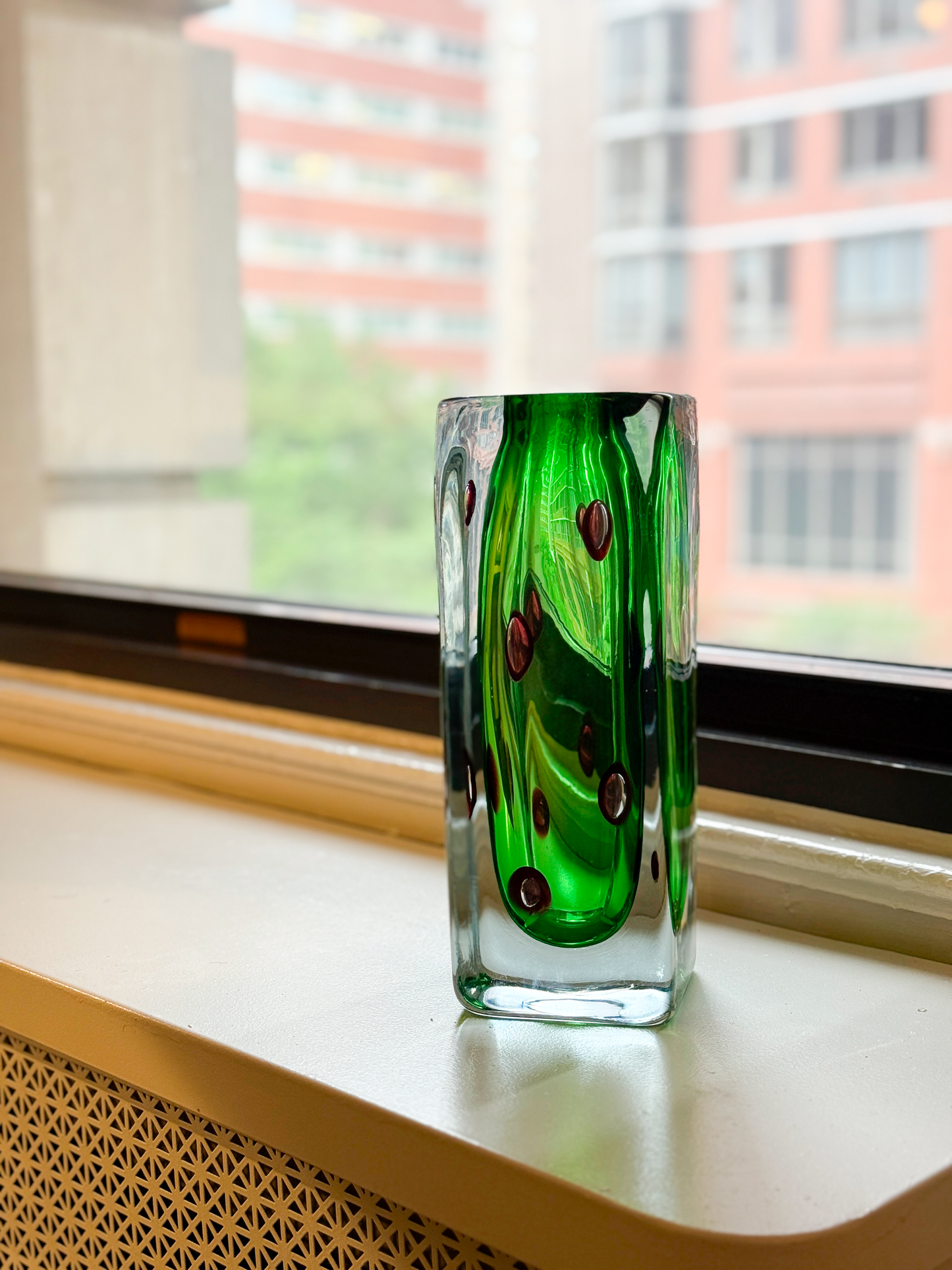 Murano Glass Vase with Green Body and Black Pattern